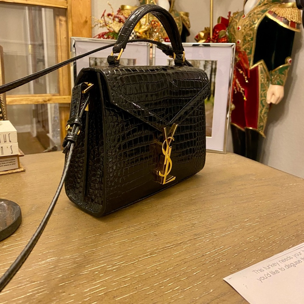 YSL CASSANDRA MINI TOP HANDLE BAG IN CROCODILE-EMBOSSED SHINY LEATHER